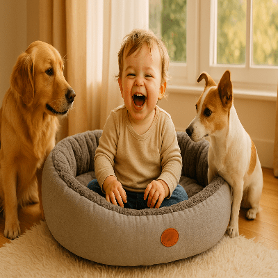 panier chien boreal enfant rit dans panier avec deux chiens