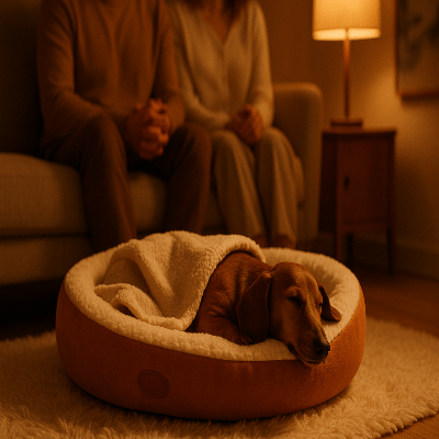 panier chien boreal teckel dort avec couverture salon