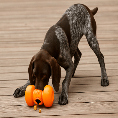 distributeur de croquettes pour chien roulicroq orange chien joue