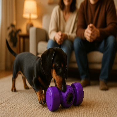  distributeur de croquettes pour chien roulicroq violet teckel joue salon