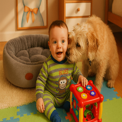 panier chien boreal chien beige pres bébé